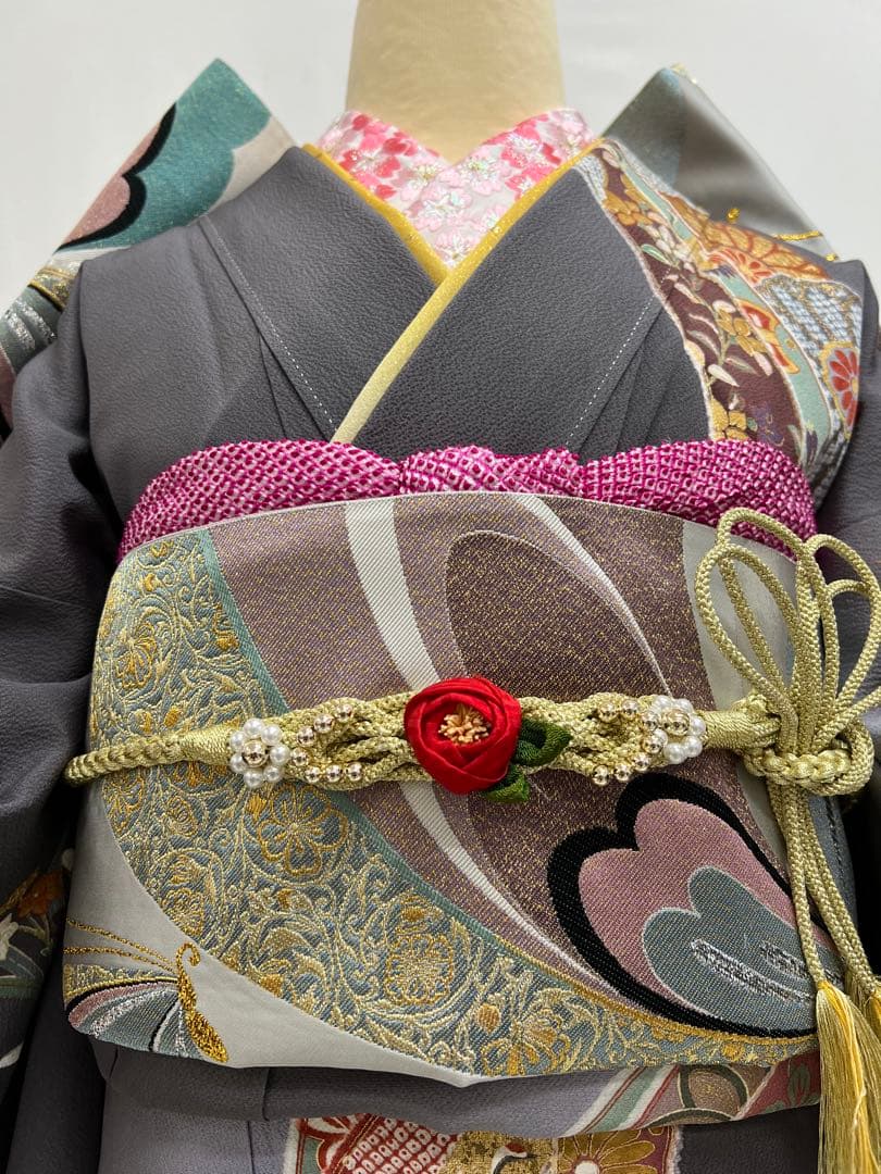 振り袖　フルセット　長襦袢付　金彩加工　しつけ付　振り柄有　重ね襟付き653