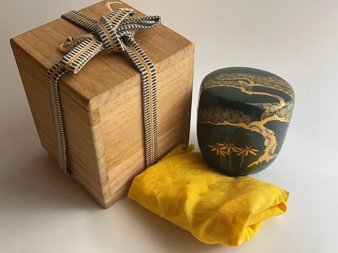 茶道具　平安　漆翁斎　青漆　松蒔絵　中棗　紫野　細合喝堂書付　共箱