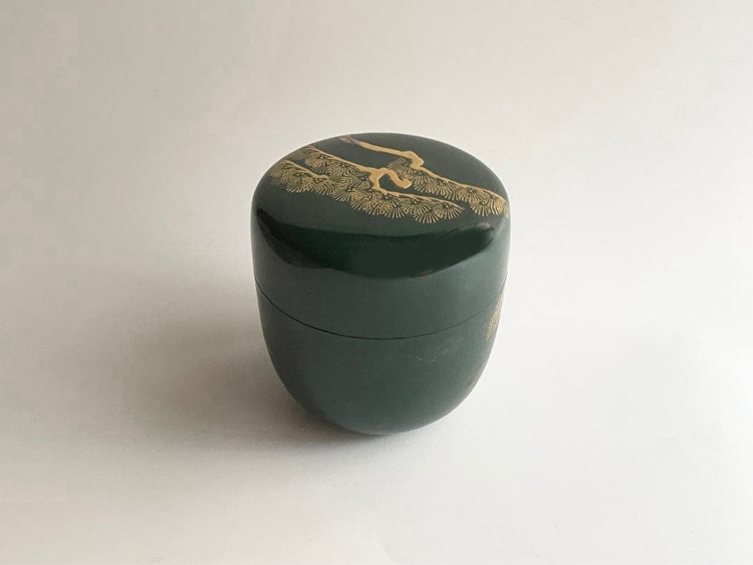 茶道具　平安　漆翁斎　青漆　松蒔絵　中棗　紫野　細合喝堂書付　共箱