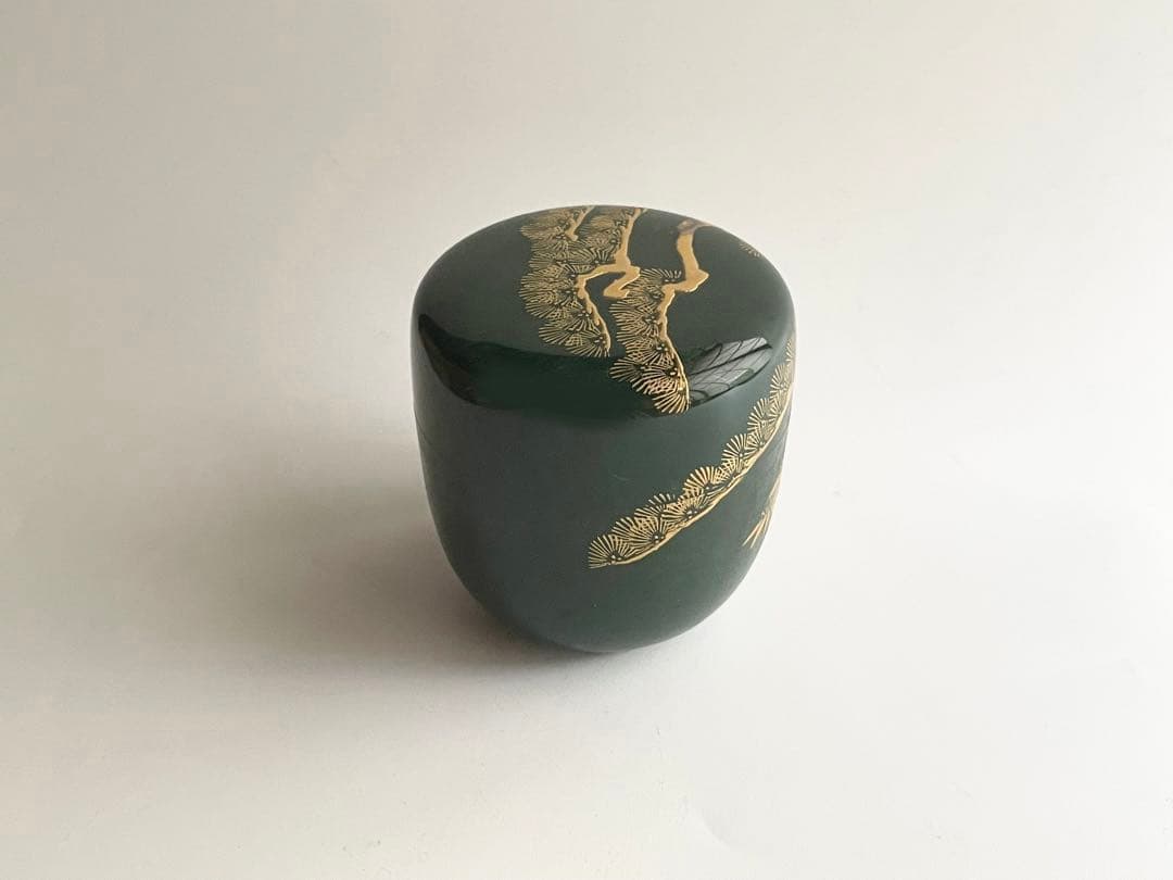 茶道具　平安　漆翁斎　青漆　松蒔絵　中棗　紫野　細合喝堂書付　共箱