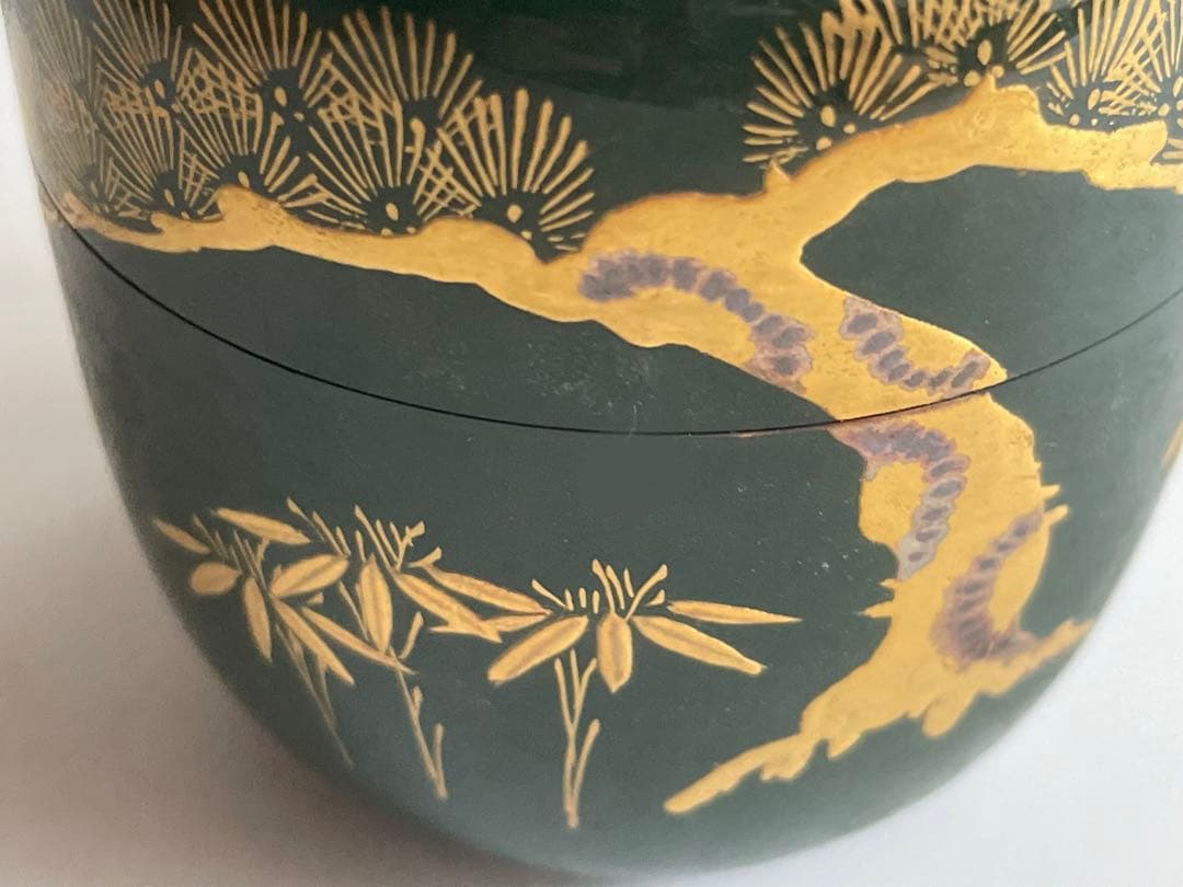 茶道具　平安　漆翁斎　青漆　松蒔絵　中棗　紫野　細合喝堂書付　共箱