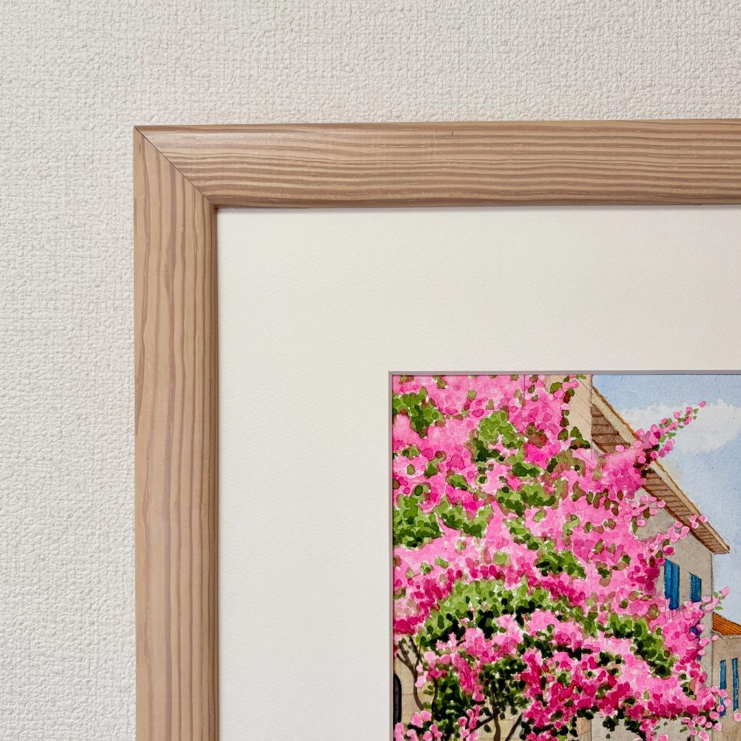 透明水彩画　原画　「花の咲く路地08」額縁付　B3サイズ　風景画