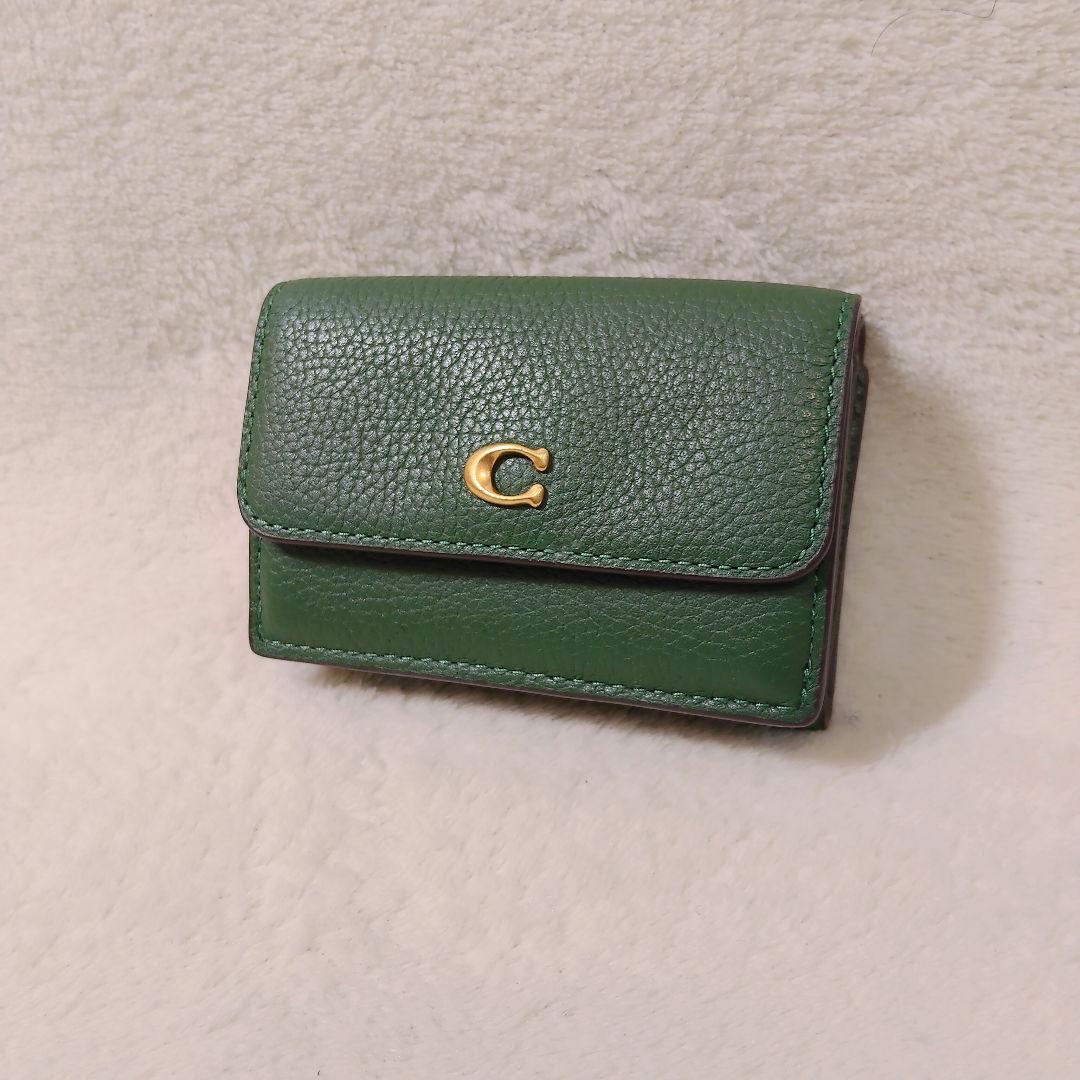 美品 COACH コーチ グリーン 折り財布 レザー ミニ トライフォールド