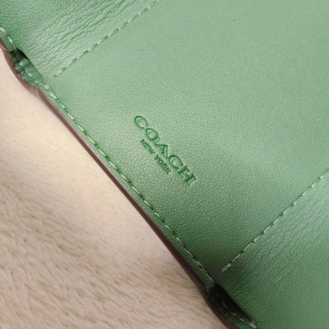 美品 COACH コーチ グリーン 折り財布 レザー ミニ トライフォールド