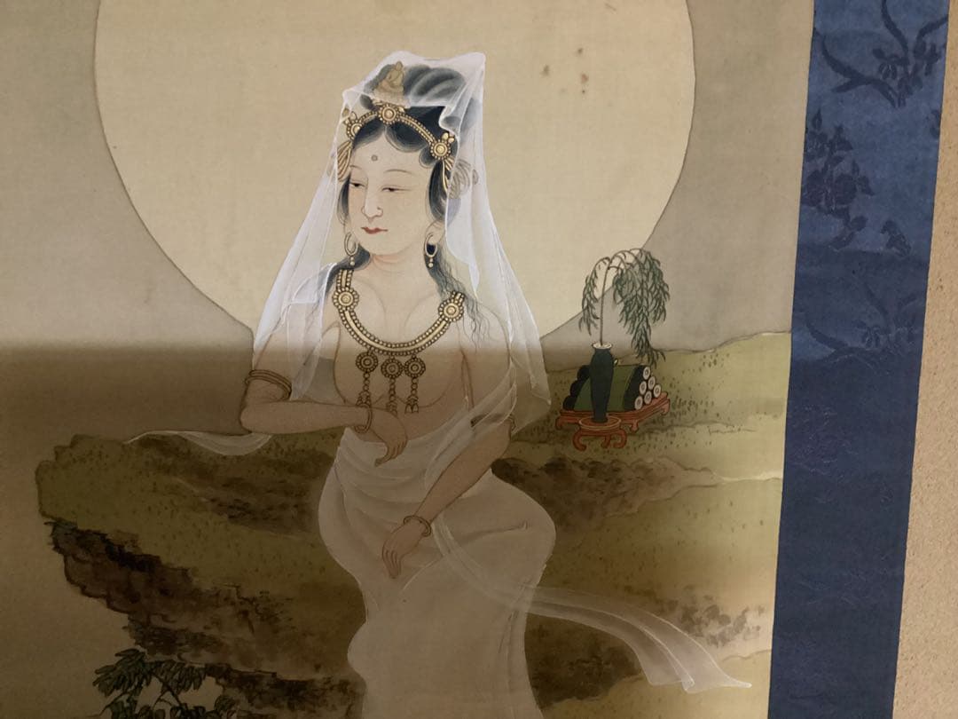 O-1 養流の観音　　水墨画 掛け軸 観音様　華泉　年代物