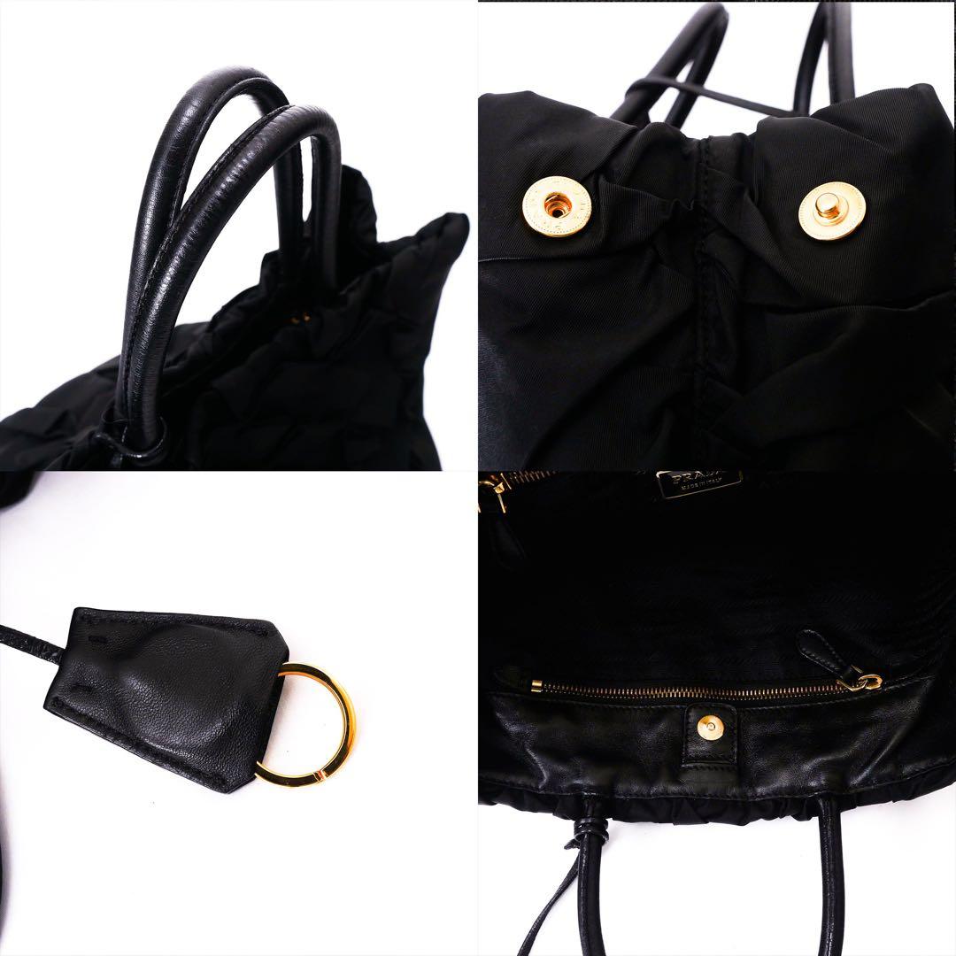 超美品 PRADA プラダ ブラック ナイロン レザー ハンドバッグ ギャザー