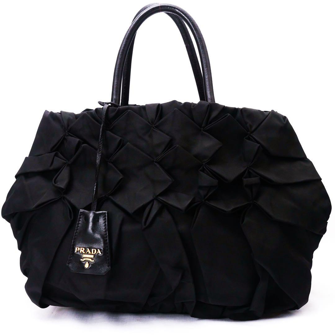 超美品 PRADA プラダ ブラック ナイロン レザー ハンドバッグ ギャザー