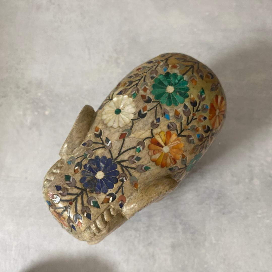 インド工芸品　天然石　花柄　象の置物　大中小3点　縁起物