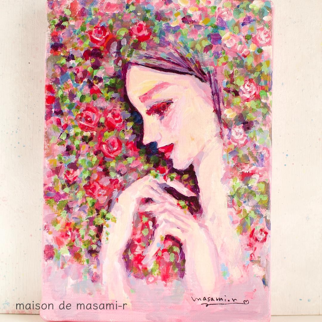「薔薇と女性」 アクリル画 原画 SMキャンバス 額なし