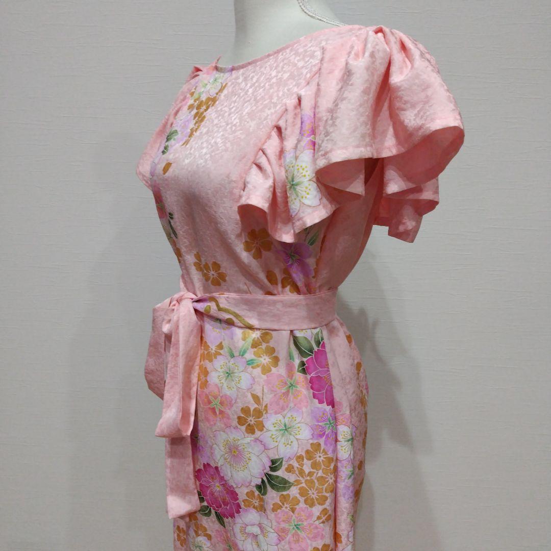 振袖　フリル袖　ワンピース　桜色　リボン紐付き