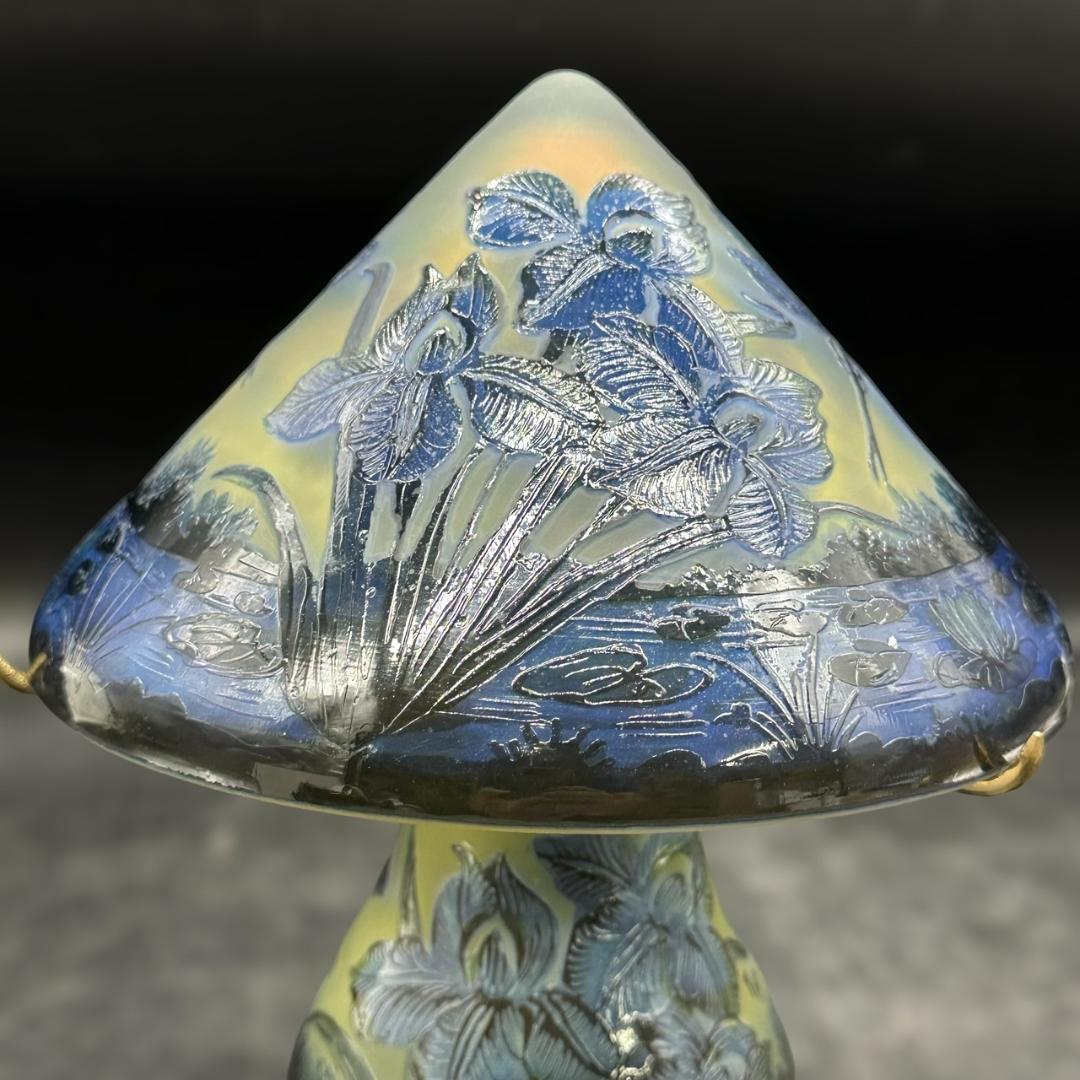 エミールガレ 2灯　蜻蛉文　台座真鍮　カメオ彫り　被せガラス　高さ25cm