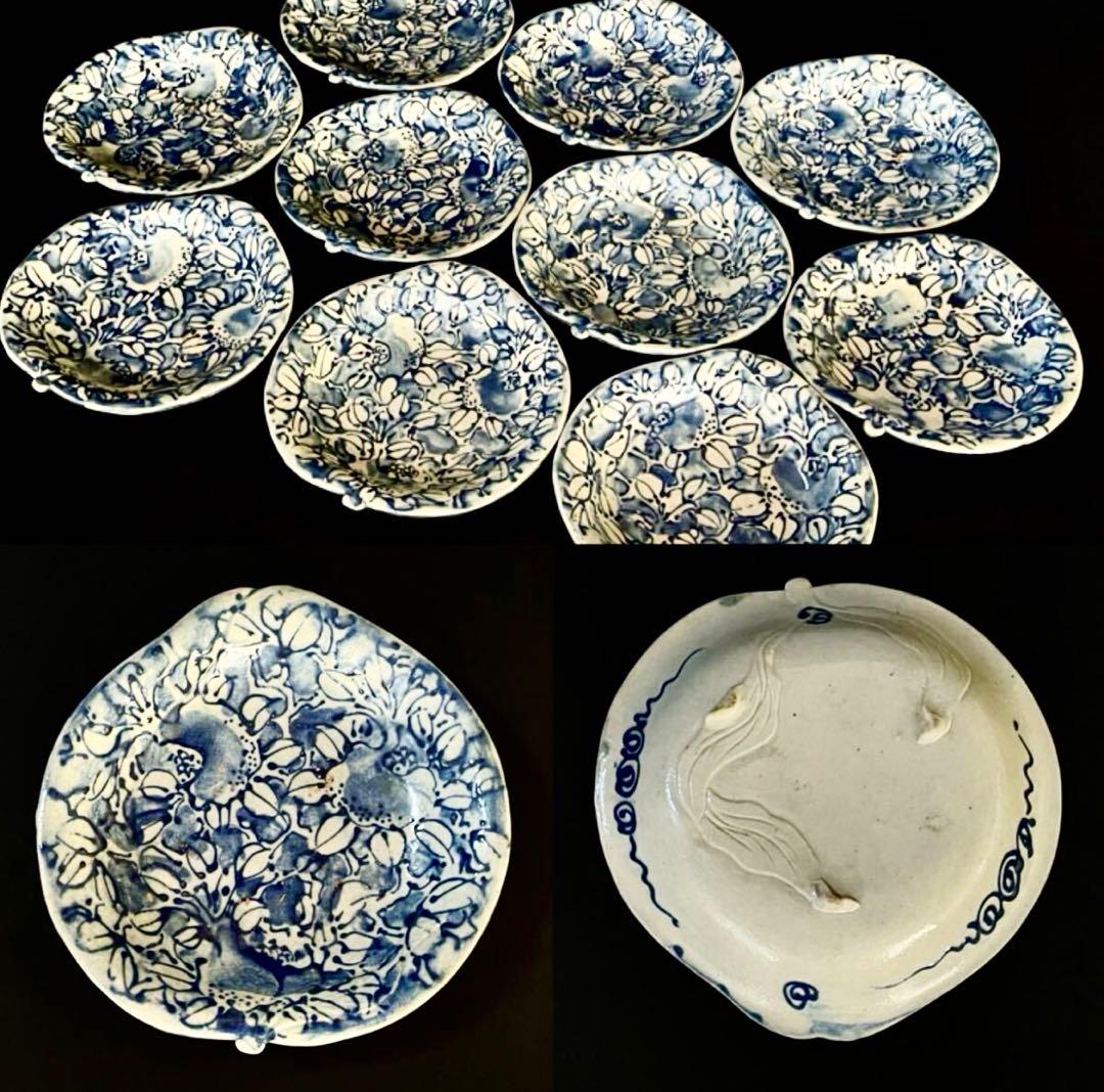 【珍品】古伊万里 染付 線描 三足 桃形 銘々皿 十客 木箱（YR）