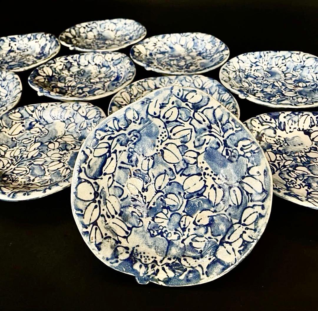 【珍品】古伊万里 染付 線描 三足 桃形 銘々皿 十客 木箱（YR）