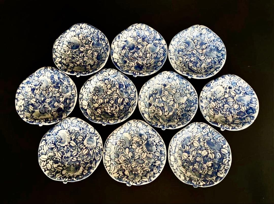 【珍品】古伊万里 染付 線描 三足 桃形 銘々皿 十客 木箱（YR）