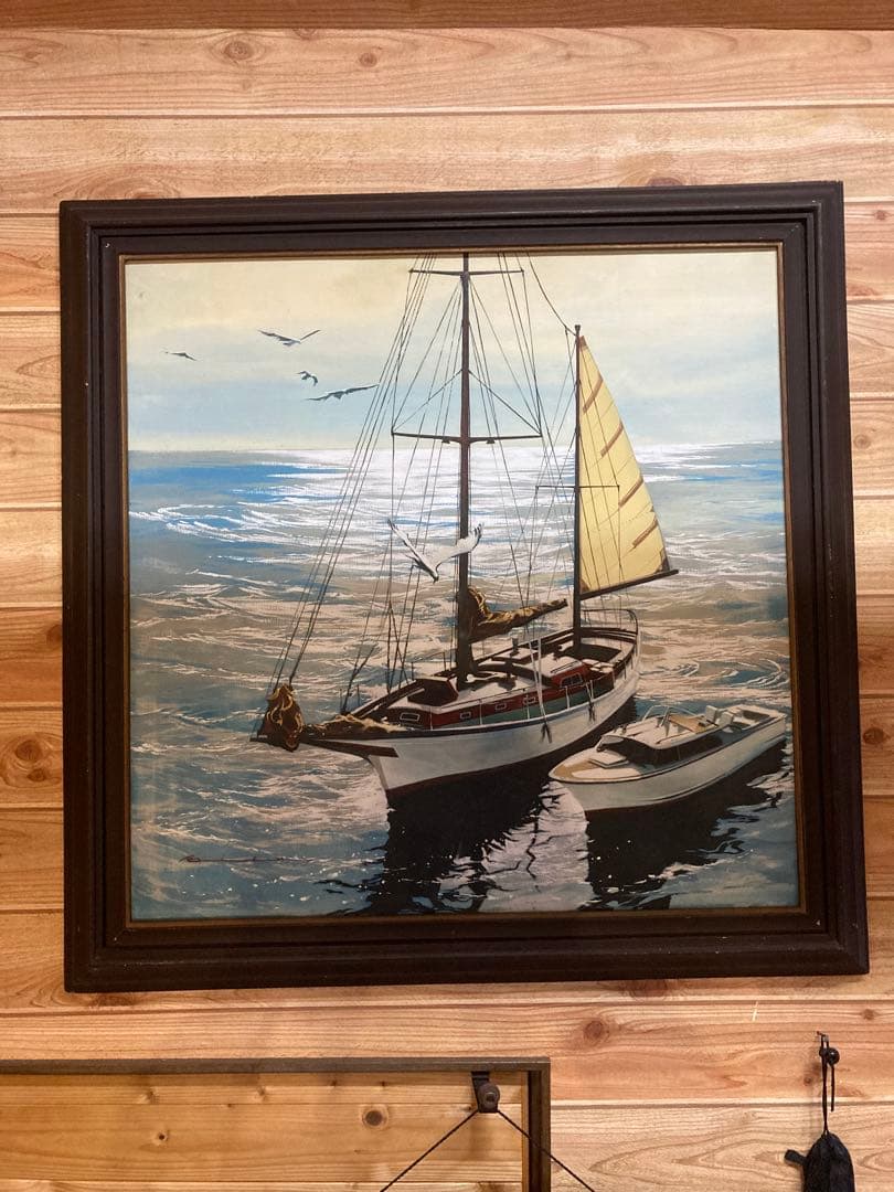 帆船の油彩画 ダークブラウンフレーム　絵画　壁掛　アンティーク