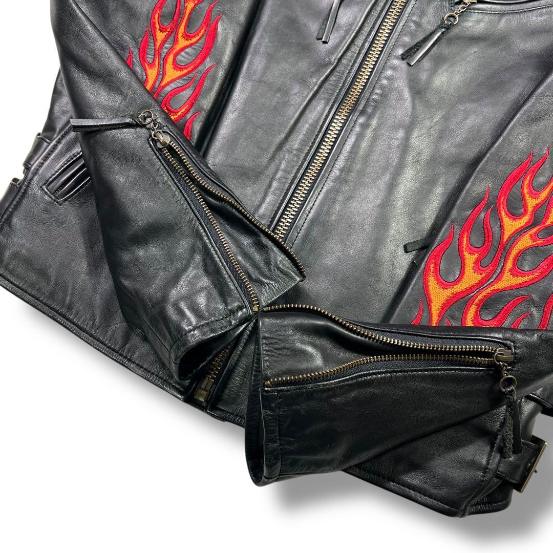 極美品 ハーレーダビッドソン レザージャケット XL ファイヤーパターン 刺繍