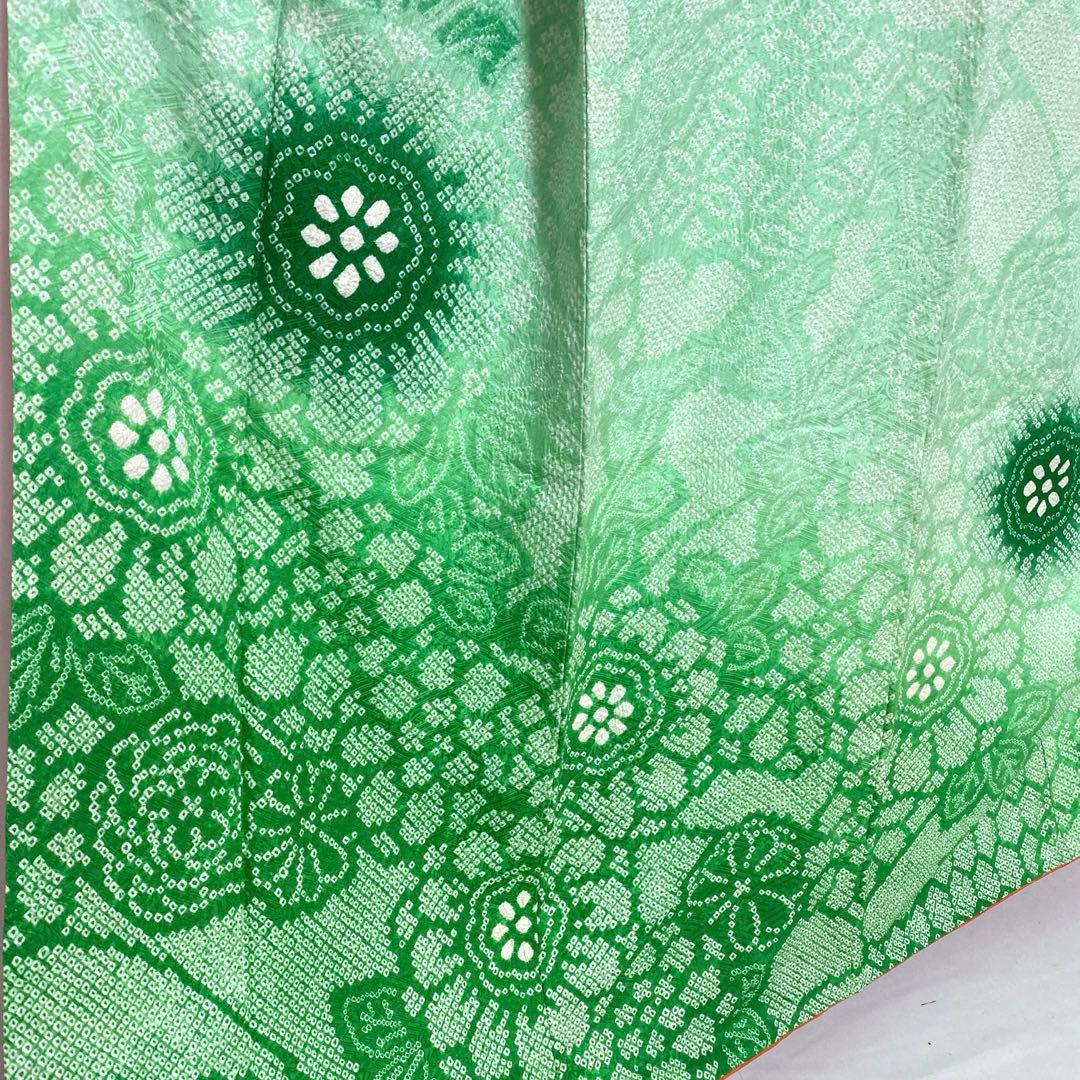 4k2289 振袖　正絹　袷　藤娘きぬたや　総絞り　緑　白　花柄　和装