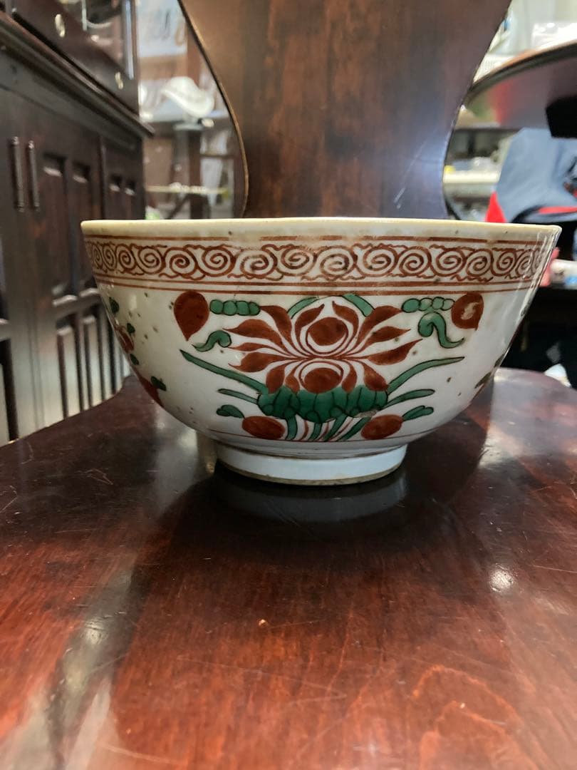 呉須赤絵　魁花鳥文鉢　中国　骨董　明、清時代