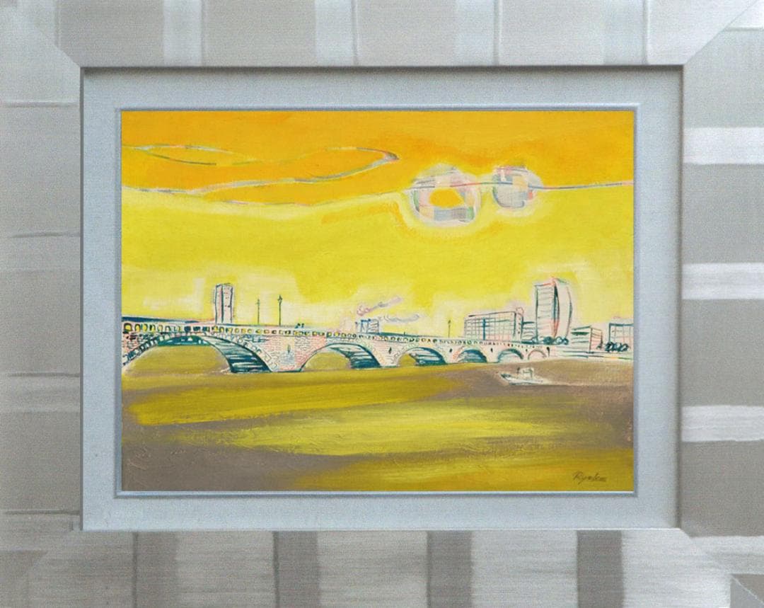 油絵 菅家令子 絵 絵画インテリア額付(黒)F4-090214 風景夕朝陽万代橋