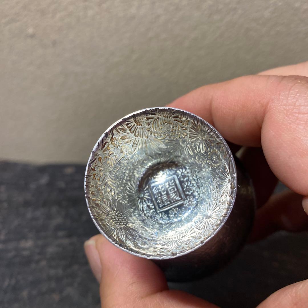 純銀製 花模様 盃 共箱木箱付き　52g