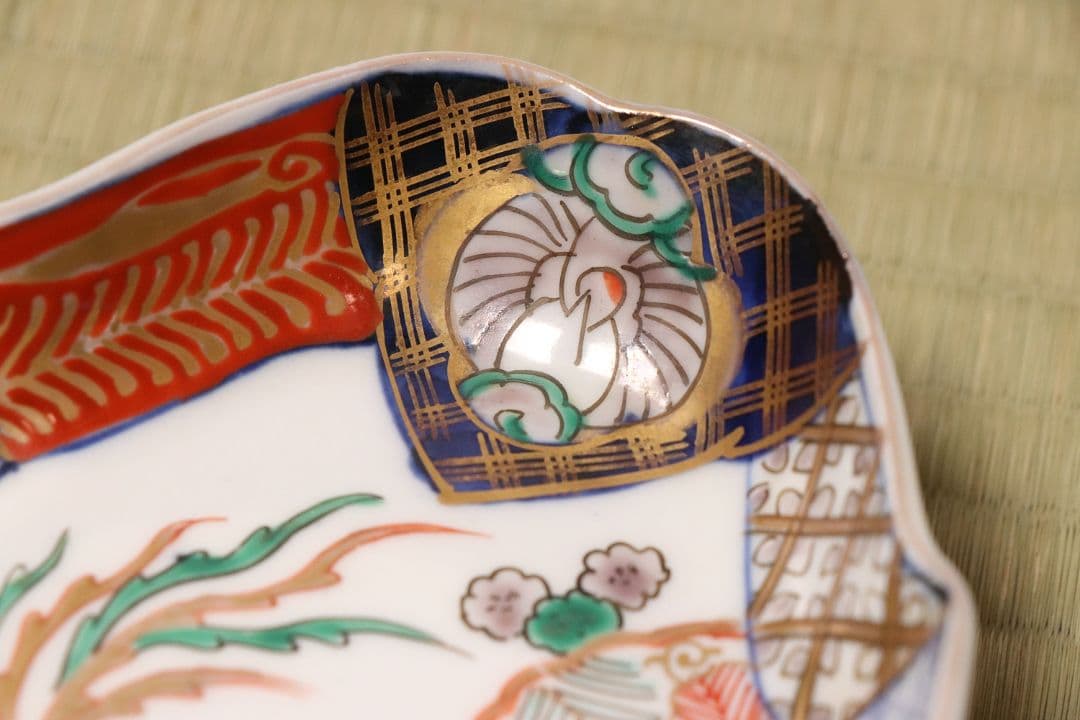 【CM52】古伊万里 桐鳳凰図 変形 刺身皿 五客 鶴 金彩 錦手 菱形 向付