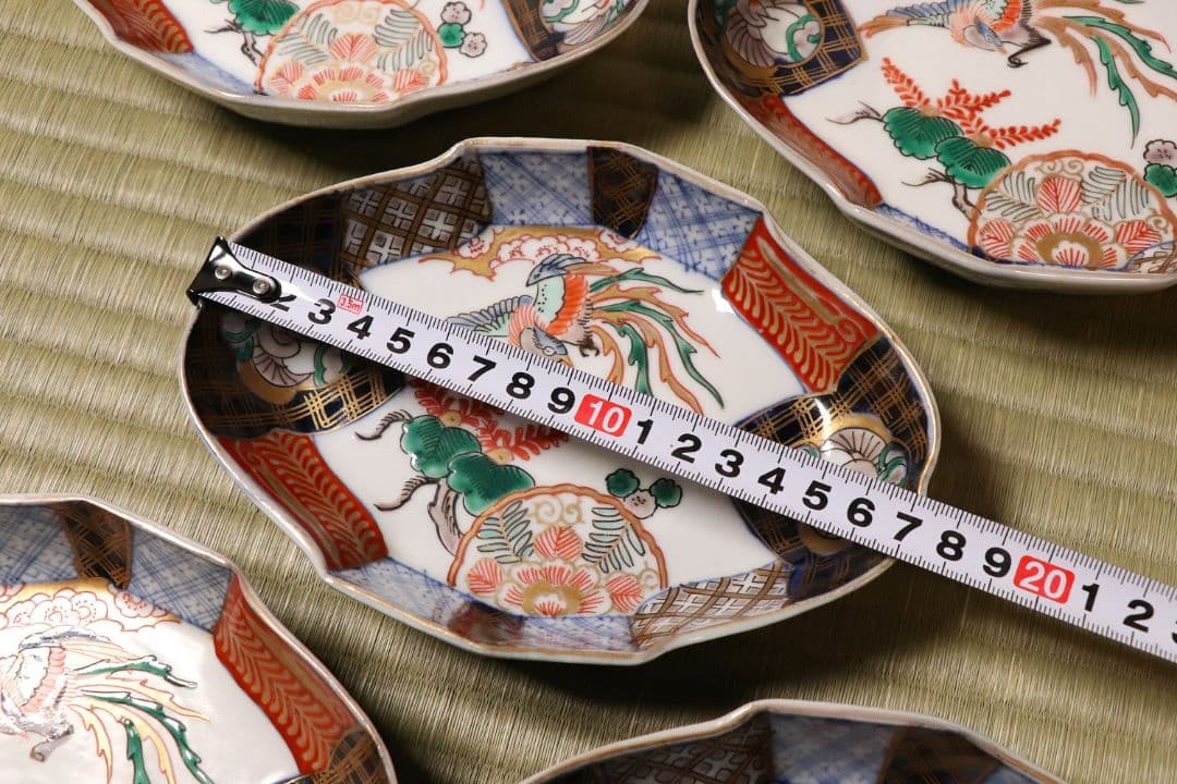 【CM52】古伊万里 桐鳳凰図 変形 刺身皿 五客 鶴 金彩 錦手 菱形 向付