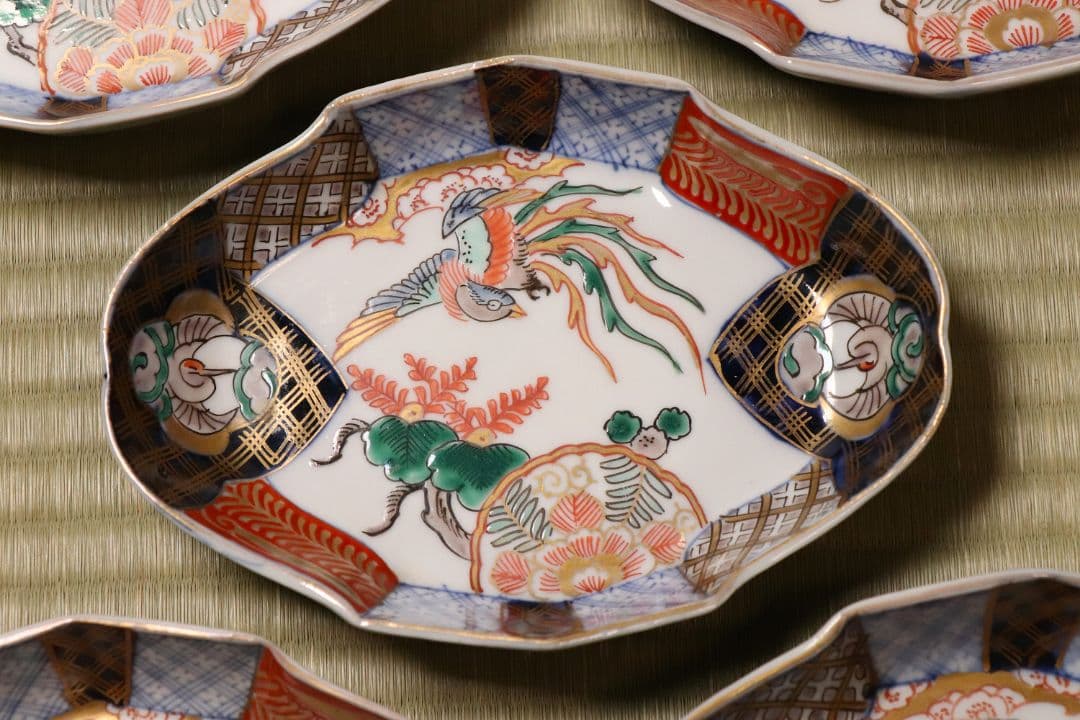 【CM52】古伊万里 桐鳳凰図 変形 刺身皿 五客 鶴 金彩 錦手 菱形 向付