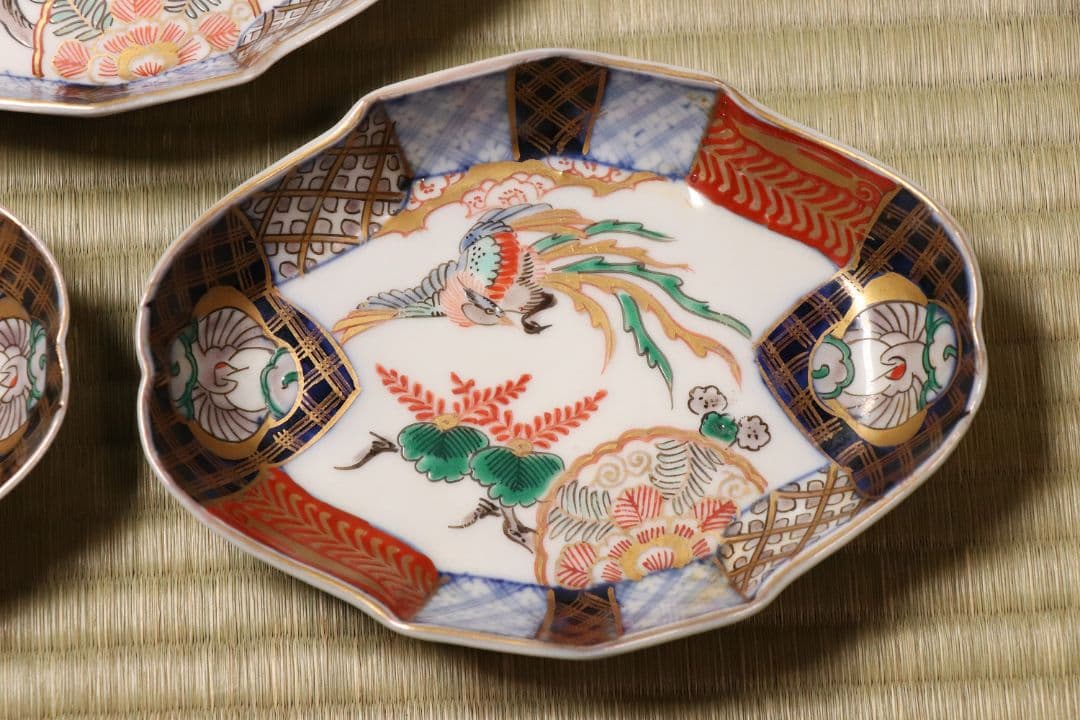 【CM52】古伊万里 桐鳳凰図 変形 刺身皿 五客 鶴 金彩 錦手 菱形 向付