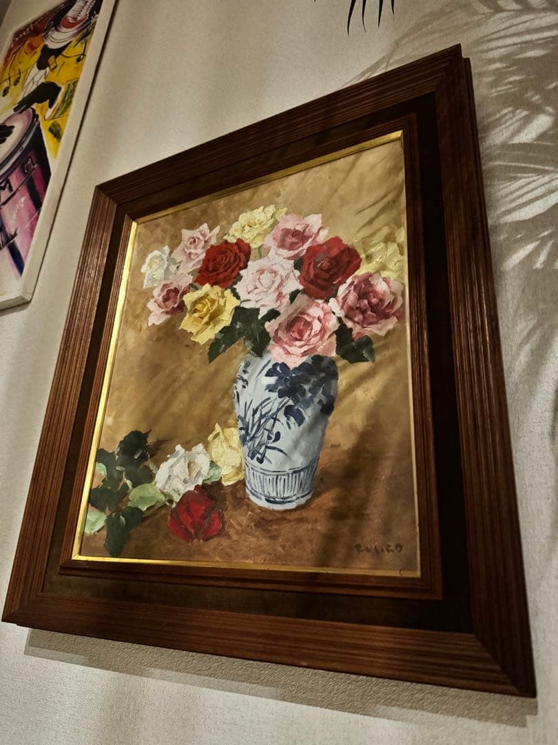 (14) 真作　関川富士郎　直筆サイン入　油彩　絵画　薔薇　アンティーク