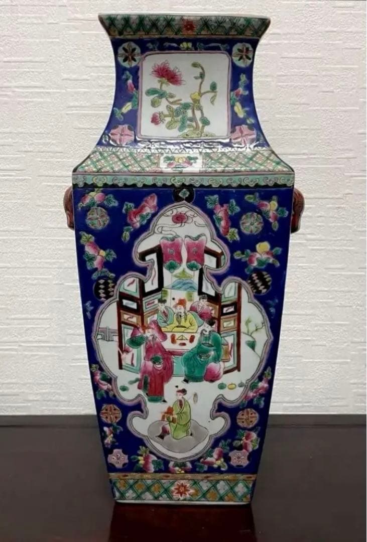 中国 粉彩 色絵 花鳥人物図 双耳四方瓶 古玩 古美術