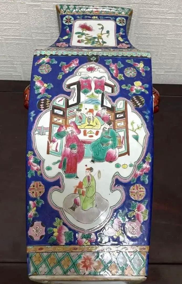 中国 粉彩 色絵 花鳥人物図 双耳四方瓶 古玩 古美術