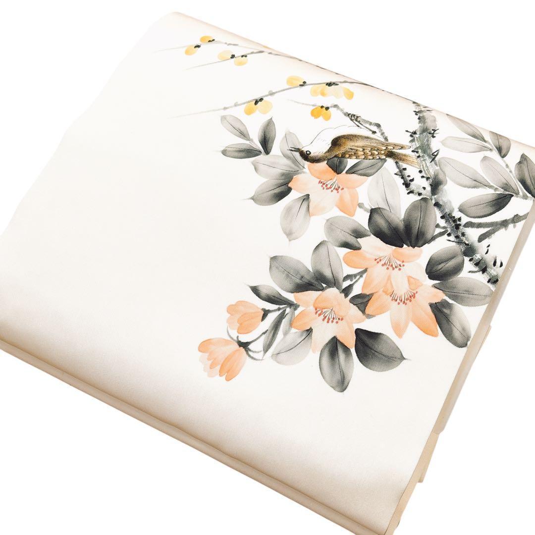 A 98未使用名古屋帯 塩瀬　9寸　雀と椿模様正絹 着物帯美品