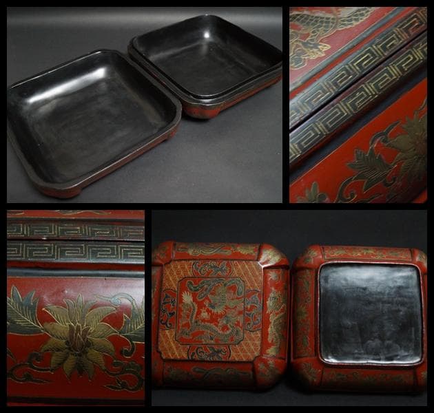 清 木製彫填漆塗 細工彫り『龍鳳凰文』金彩蒔絵 面取喰籠 蓋物 菓子器 /茶道具