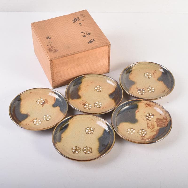 和食器　竹里庵　葵窯　加藤春二作　織部　花文　銘々皿　五客　共箱　C　8322