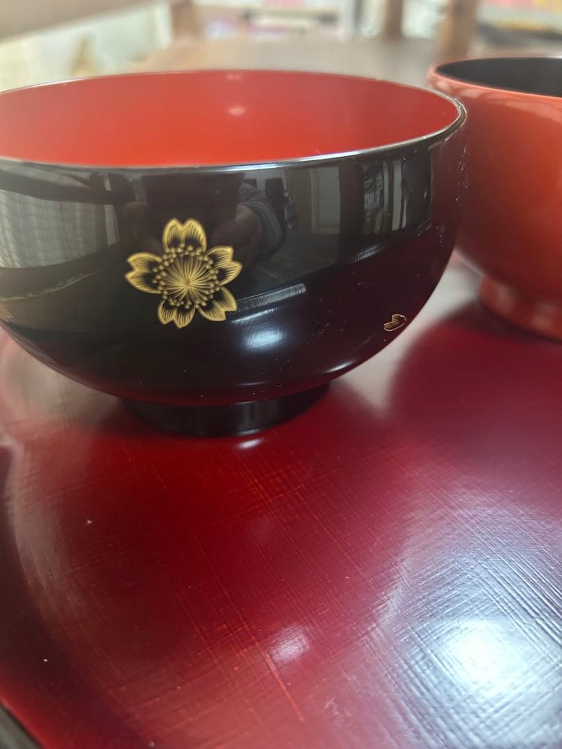 輪島塗　沈金　蒔絵金彩　高級夫婦椀　黒内朱　朱内黒　紅葉　桜