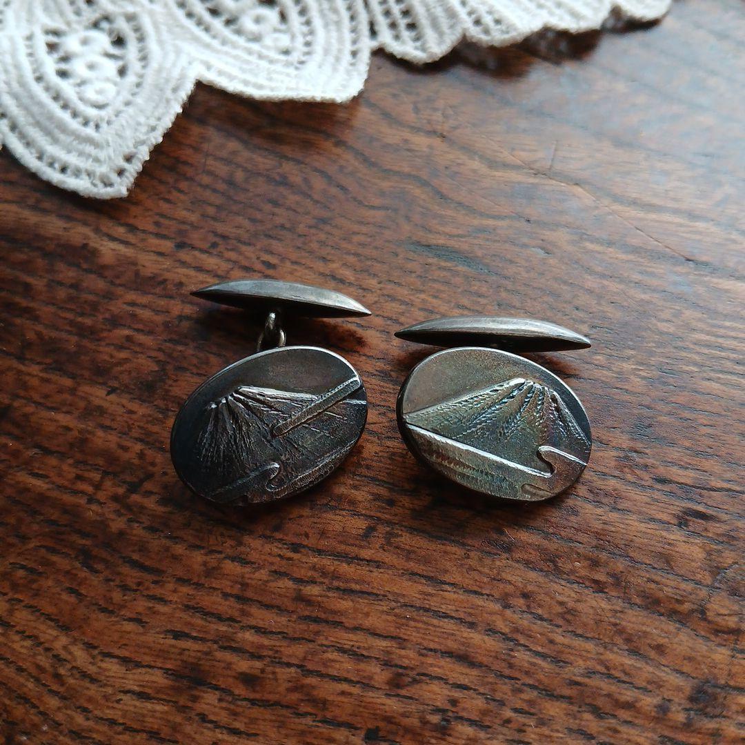 金工 銀製 富士山 カフリンクス 在銘 レトロ 骨董 山 シルバーカフス