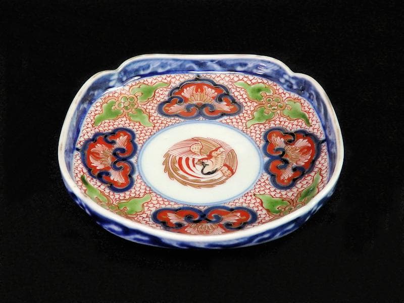 大聖寺伊万里　金襴手鳳凰に毘沙門亀甲紋の図　四方角皿　５枚B249AS-fbbg