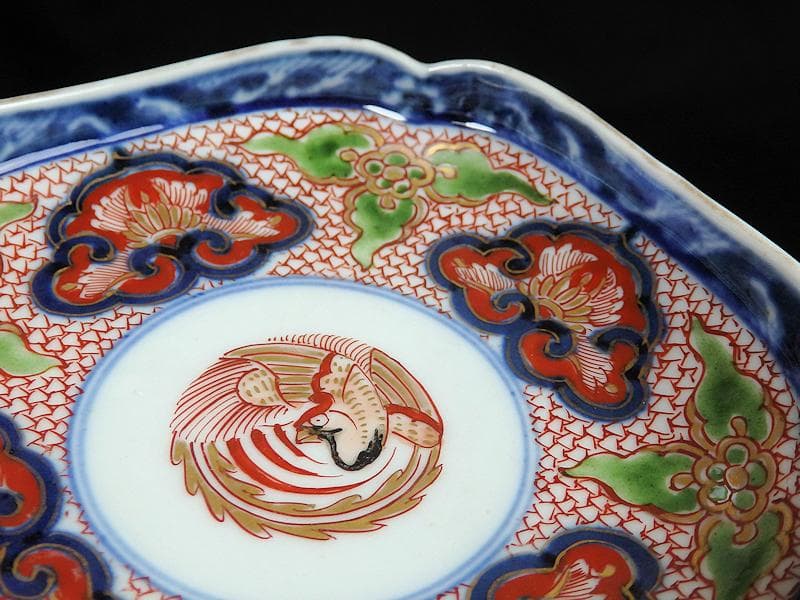 大聖寺伊万里　金襴手鳳凰に毘沙門亀甲紋の図　四方角皿　５枚B249AS-fbbg