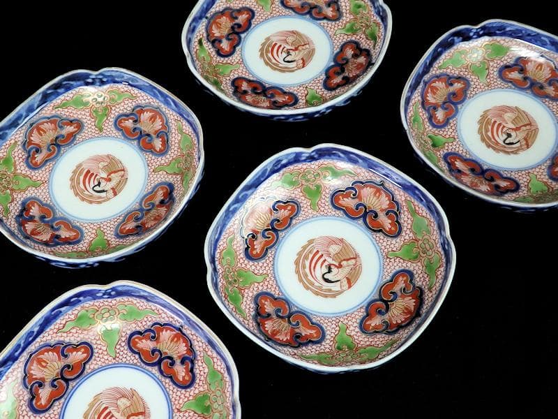 大聖寺伊万里　金襴手鳳凰に毘沙門亀甲紋の図　四方角皿　５枚B249AS-fbbg