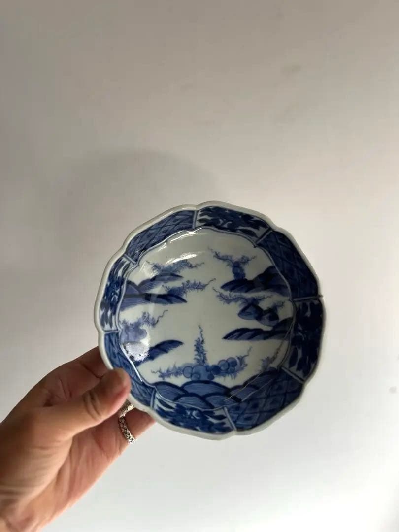 424 骨董 アンティーク 古伊万里 成化年製 染付 5寸輪花皿 2点組 幕末