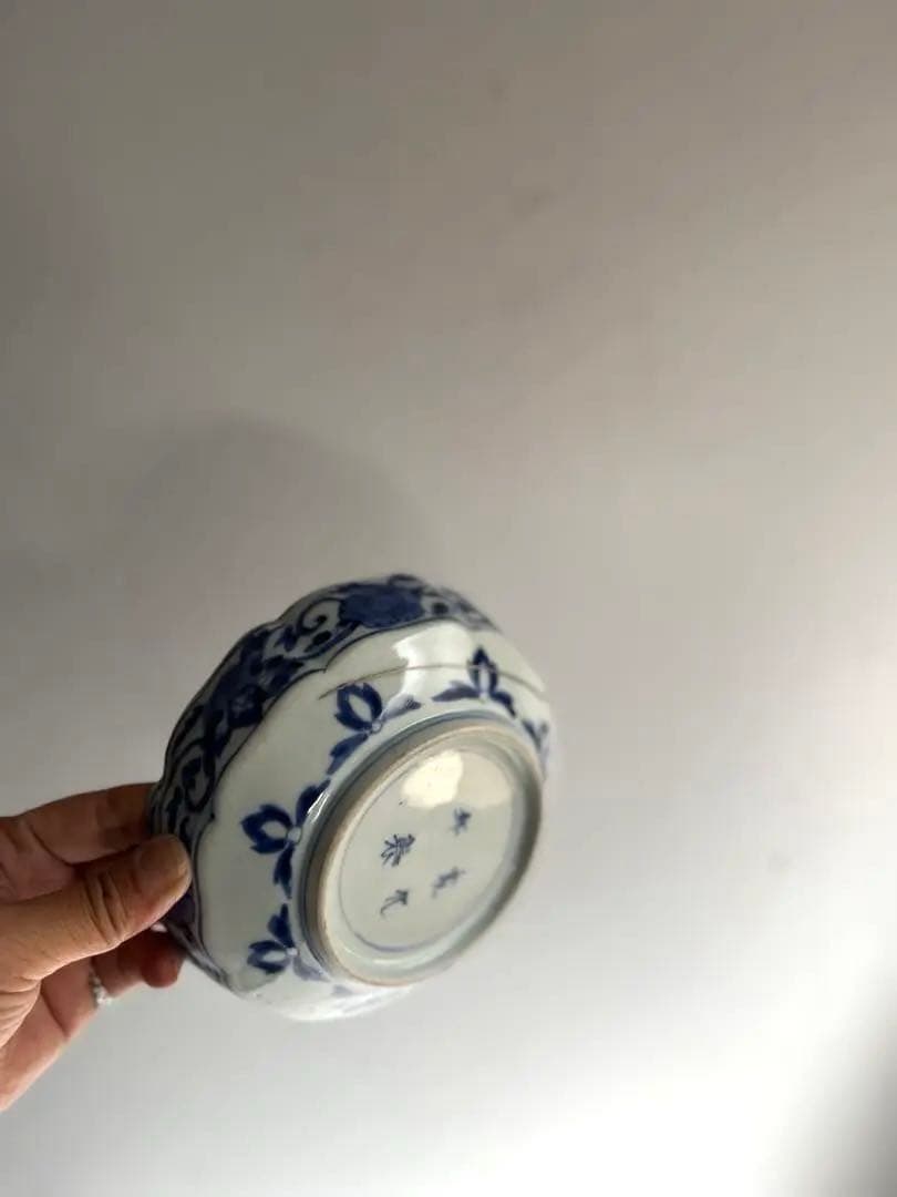 424 骨董 アンティーク 古伊万里 成化年製 染付 5寸輪花皿 2点組 幕末