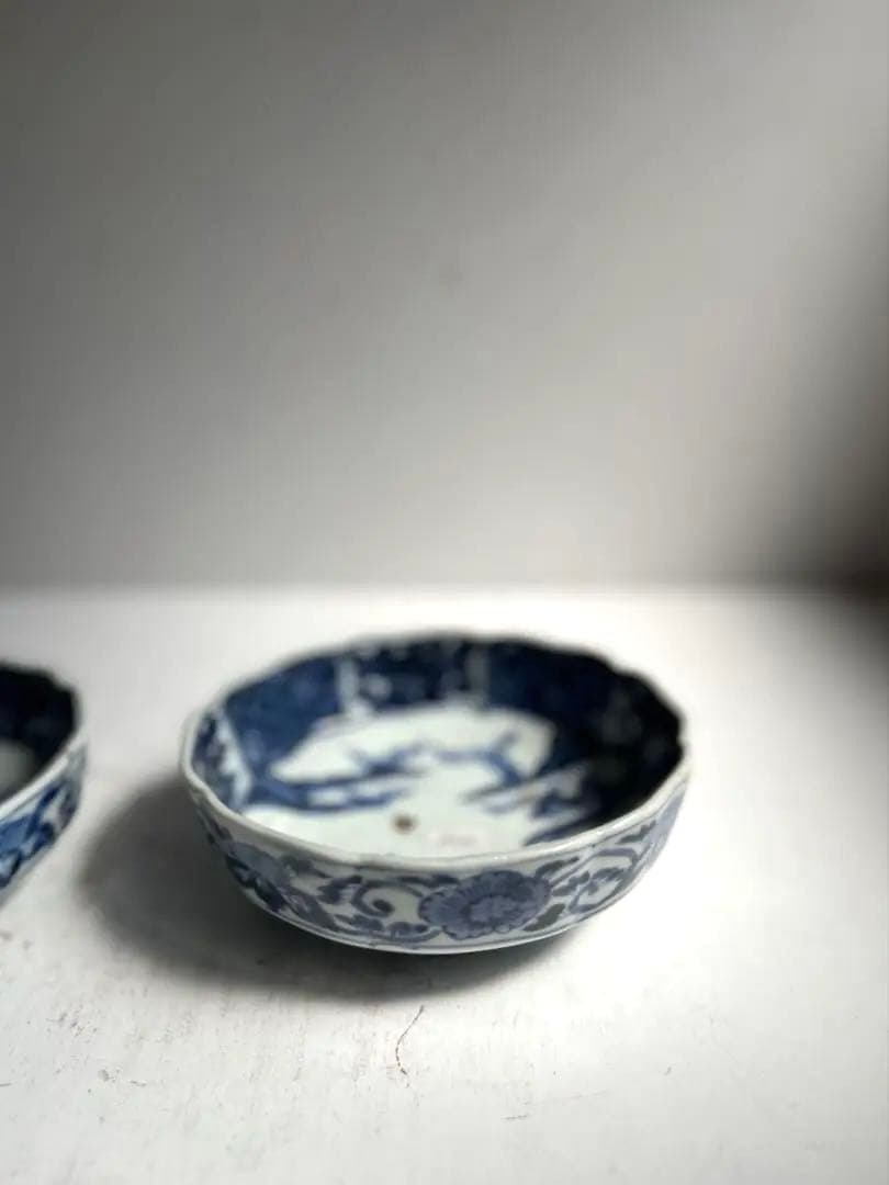 424 骨董 アンティーク 古伊万里 成化年製 染付 5寸輪花皿 2点組 幕末