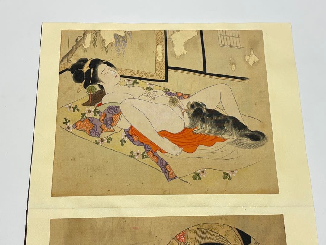 「彩色絹本 春画帖」艶本 明治？大正？頃筆 1帖|和本 わじるし 枕絵