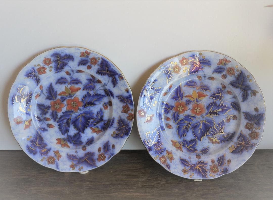 印判中皿2枚　FLOWBLUE　赤絵金彩　花唐草文様　ベロ藍伊万里　銅版転写染付