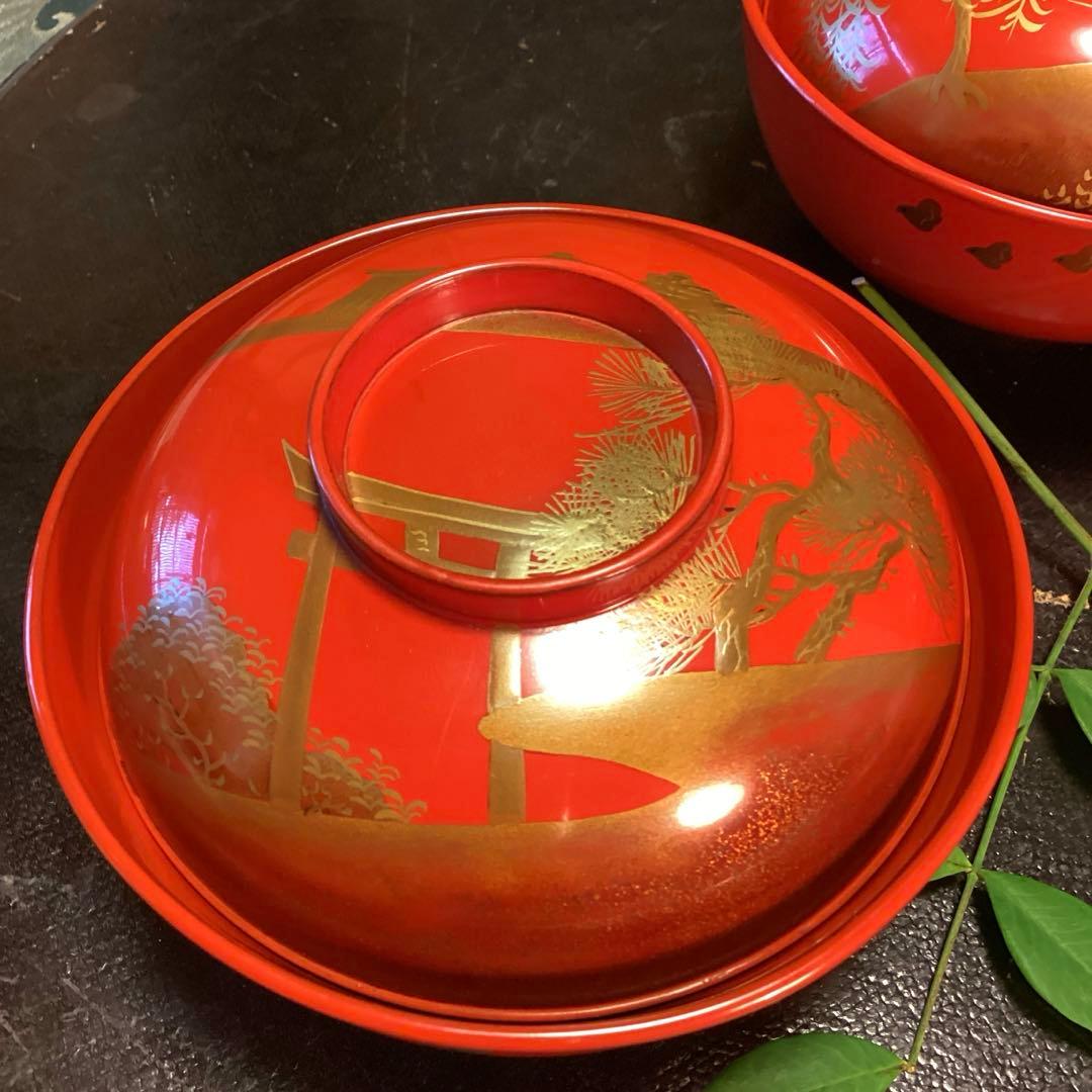 A902木製輪島塗　懐石道具　赤　古典風景蒔絵　　『塗師銘仁左衛門』　５客