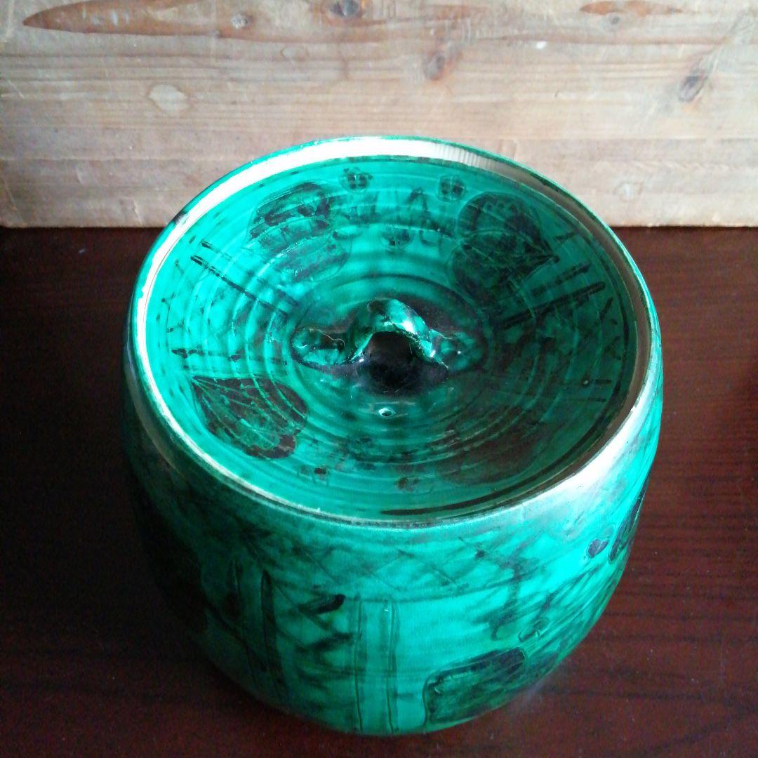 瀬戸焼　加藤偉三　土耳古青釉山帰末文水指　20cm