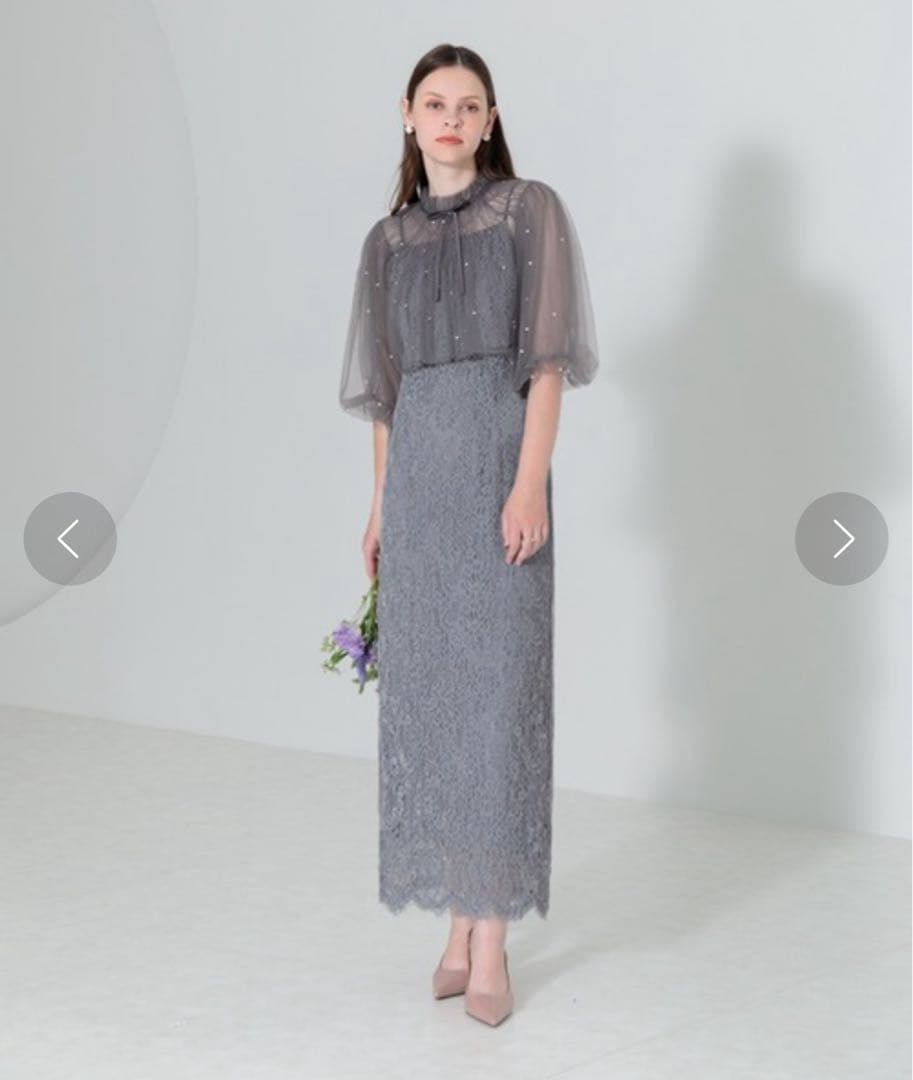 【LEJA】パール付きケープ風リボンパフスリーブボレロ刺繍レースキャミワンピ