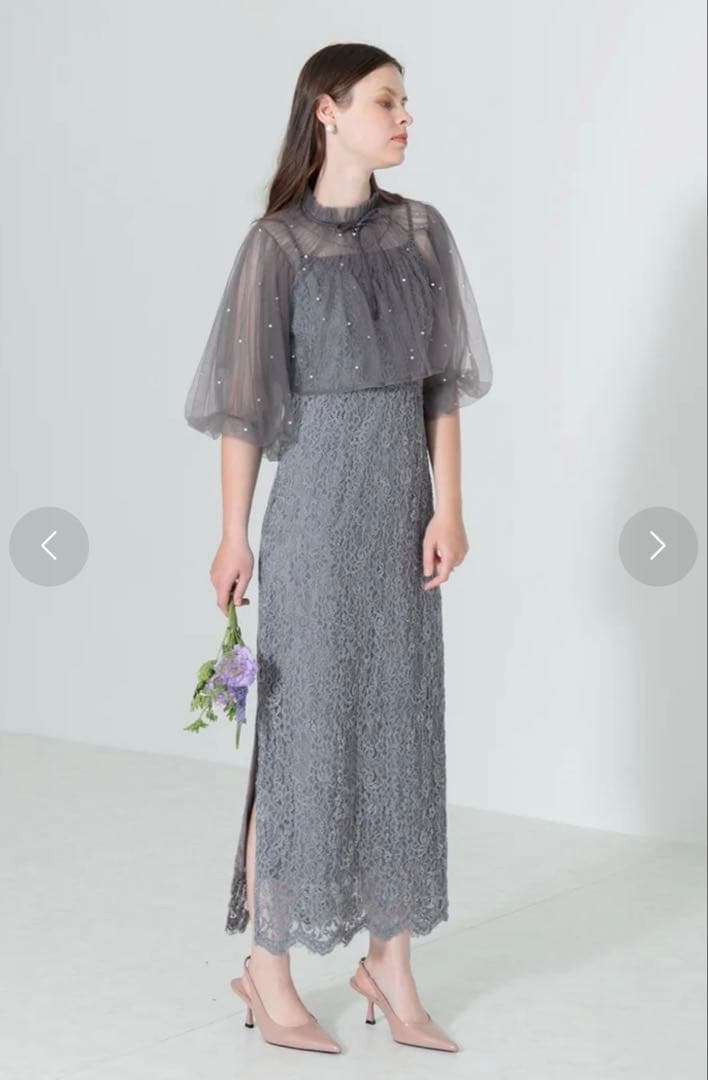 【LEJA】パール付きケープ風リボンパフスリーブボレロ刺繍レースキャミワンピ