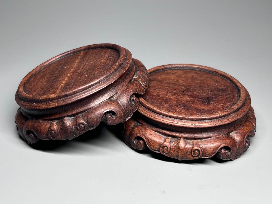 古美術　唐木　花台一対　飾り台　巻雲紋　華道具　盆栽台　置物　香炉台　木製