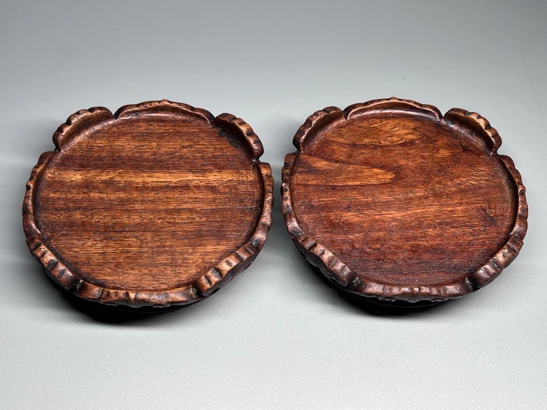 古美術　唐木　花台一対　飾り台　巻雲紋　華道具　盆栽台　置物　香炉台　木製